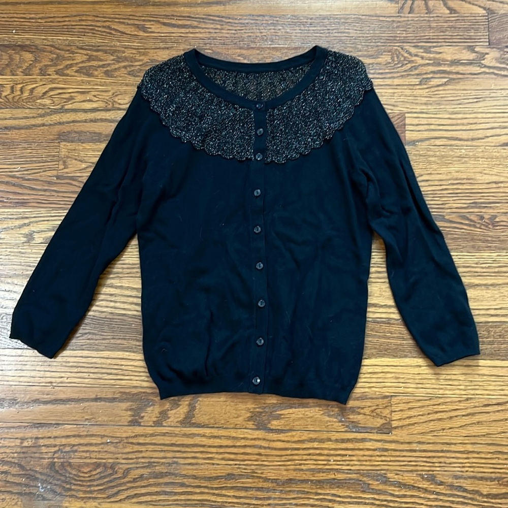 SOLD Anthropologie Cardigan with Shimmering Sheer Collar in Black